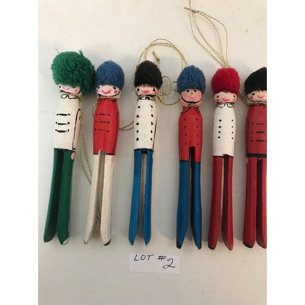 6 Clothespin Soldiers Painted Wood PomPom Helmet Ornament Handmade Lot #2